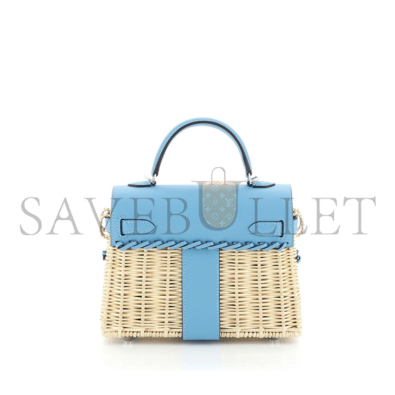 HERMÈS MASTER PICNIC MINI KELLY 20 HANDBAG BLEU DU NORD SWIFT AND WICKER WITH PALLADIUM HARDWARE (20*14*8cm)